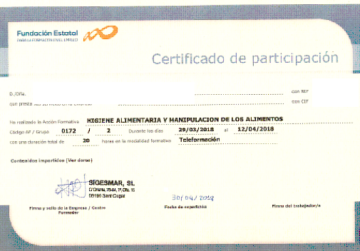 Certificado de formación Sigesmar S.L.